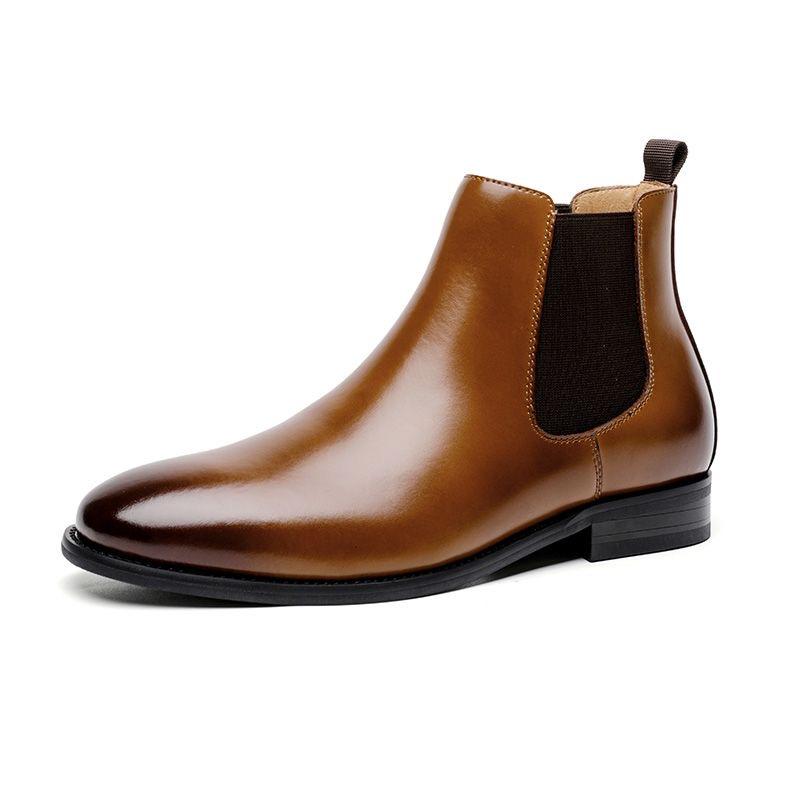 Elegant Chelsea Boots Genuine Cow Leather Men Ankle Shoes with Elastic Band Black Slip On Formal Business Fashion Boots for Men
