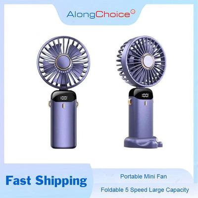 Handgehaltener Mini-Ventilator, faltbar, tragbar, zum Aufhängen am Hals, 5 Geschwindigkeiten, wiederaufladbarer USB-Ventilator mit Telefonständer und Display, 1800 mAh