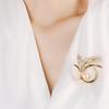 Elegant Copper Inlaid Zirconia Leaf Brooch with Freshwater Pearl
