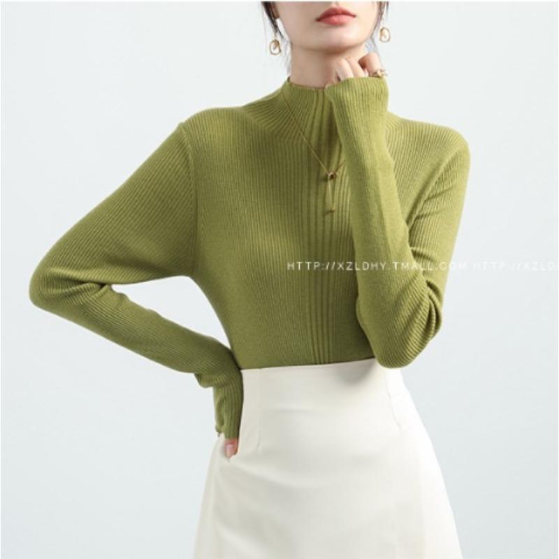 Women's Knitted Sweater Autumn/Winter New Style Apricot Long Sleeve Half High Collar Bottom Shirt