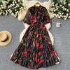 Lightly Mature Elegant Dress Women's French Fancy Bows Shoelace Puff Sleeves Waist Trimming Ruffles Printed Dress