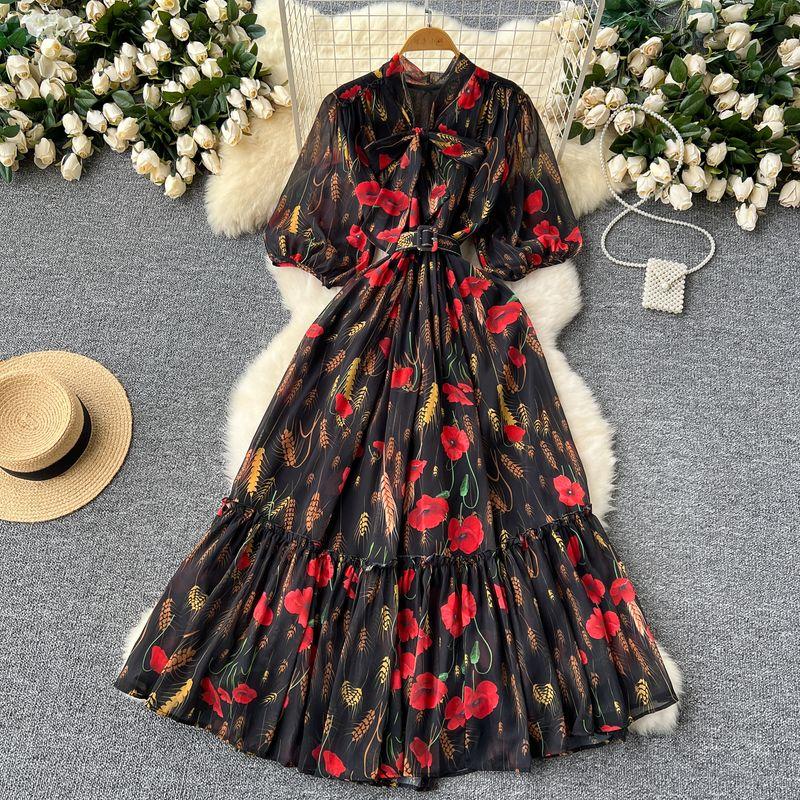 Lightly Mature Elegant Dress Women's French Fancy Bows Shoelace Puff Sleeves Waist Trimming Ruffles Printed Dress
