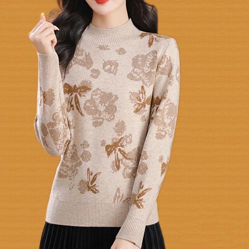 Autumn Winter Semi-turtleneck Jacquard Women's Sweater Autumn and Winter New Fashion Knitted Bottoming Shirt Top