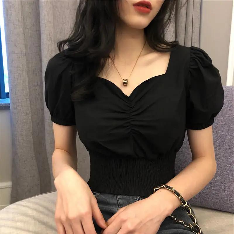 

2021 V-neck Collar Sexy T-shirt Women Fashion Puff Sleeve Female Short Tops Slim Plus Size Black White Tees Women s Clothing M чёрный