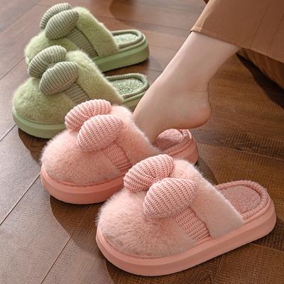 Damen Herbst- und Winter Baumwollpantoffeln Niedliche Schleife Zehenumschlingend Warme Flauschige Pantoffeln Indoor Boden Dicke Sohle Zuhause Rutschfeste Schuhe
