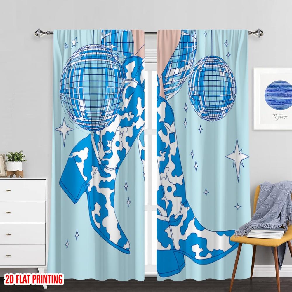 Set Of 2 Flat Printing Curtain Cowboy Disco Boots Sparkle Digital Printed Polyester Drapes Festive Curtains Perfect Bedroom For Decor Made