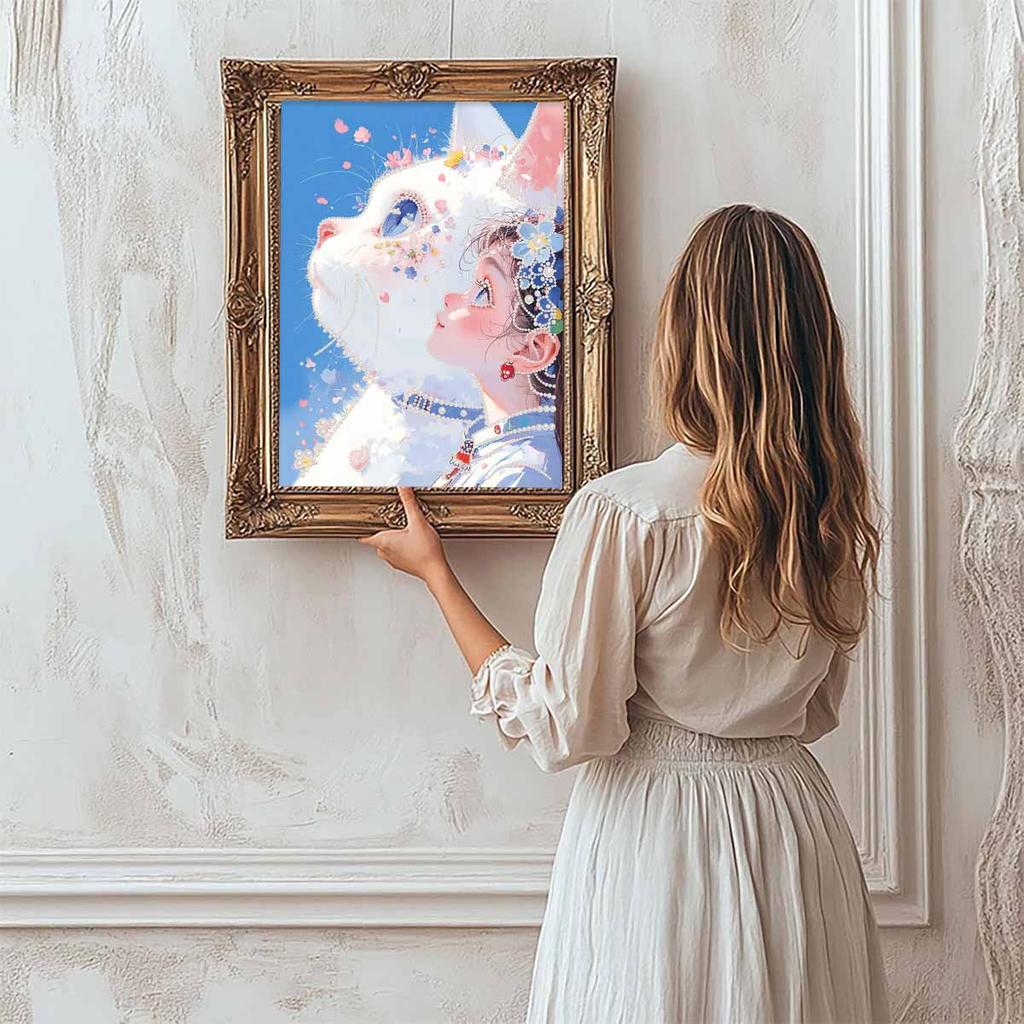 Crystal Pearl Painting 5D DIY Frame Decoration Painting White Cat Home Wall Decoration Transparent Pearl Gemstone Painting Picture Art Crafts
