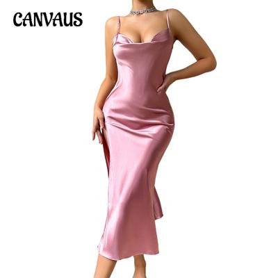 Sexy abito rosa con scollo a V traspirante in seta simulata, pigiama da donna con scollo a V e spacco posteriore