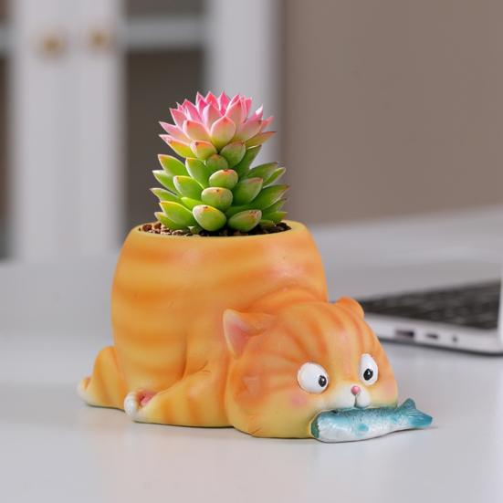 Animal Flower Pot Cat Dog Succulents Pots Resin Planter with Drainage Hole for Succulents Home Office Desk Decoration