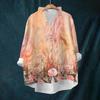 Women's Loose Ruffled Retro Floral Print Stand Collar Long Sleeve Cotton And Linen Top