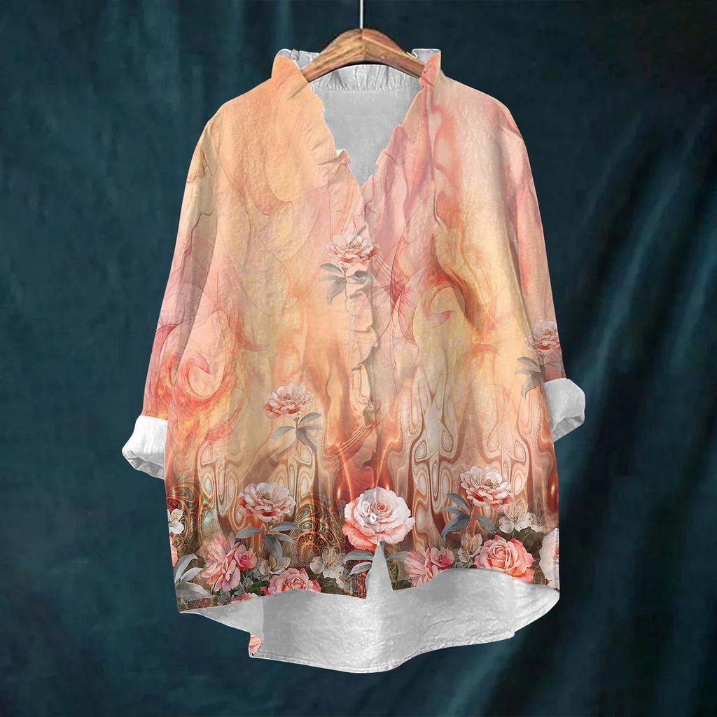 Women's Loose Ruffled Retro Floral Print Stand Collar Long Sleeve Cotton And Linen Top