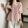 Gentle French Style Square Collar Blouse Solid Color Basic Summer Elegant Puff Sleeve Fashion Folds Shirts