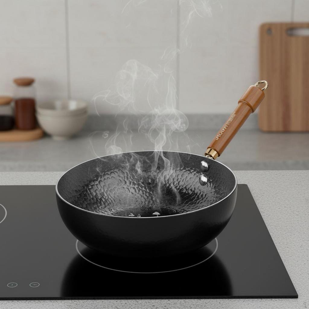 Uncoated Iron Wok Induction and Gas Compatible Flat Bottom Hammered StirFry Pan for Small