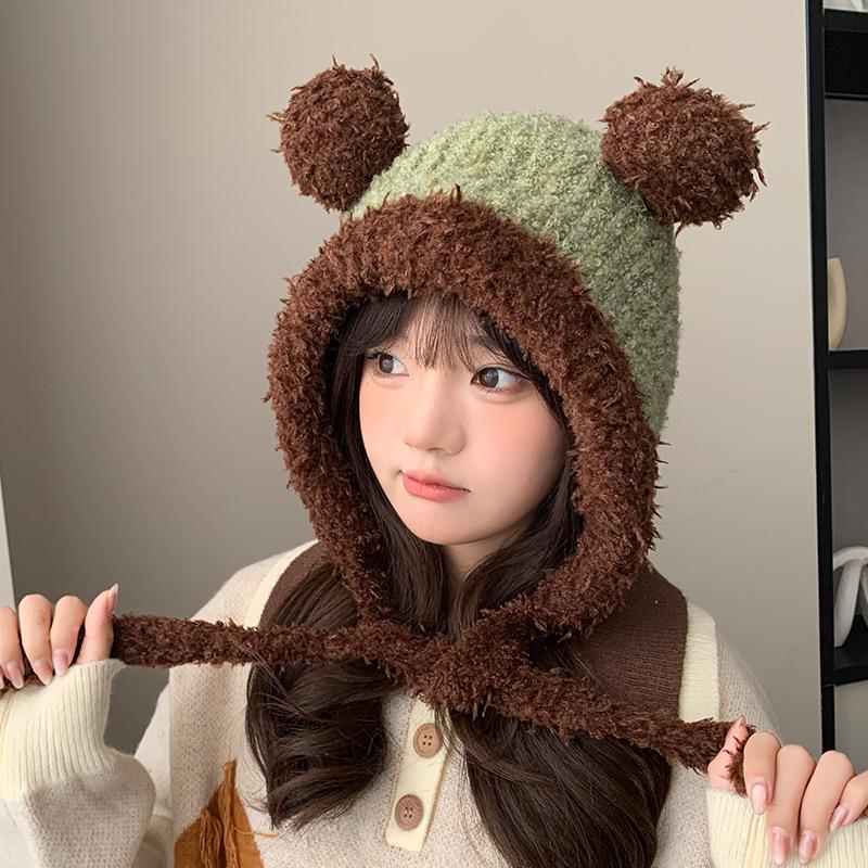 

Шапка с медвежьими ушками для женщин Новая зимняя корейская милая вязаная шапка Утепленная теплая плюшевая шапка Защита ушей для катания Шапка-ушанка M（56-58cm）