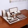 Walnut Wood Microfiber Jewelry Display Set for Necklace, Ring, Earrings, and Bracelet.