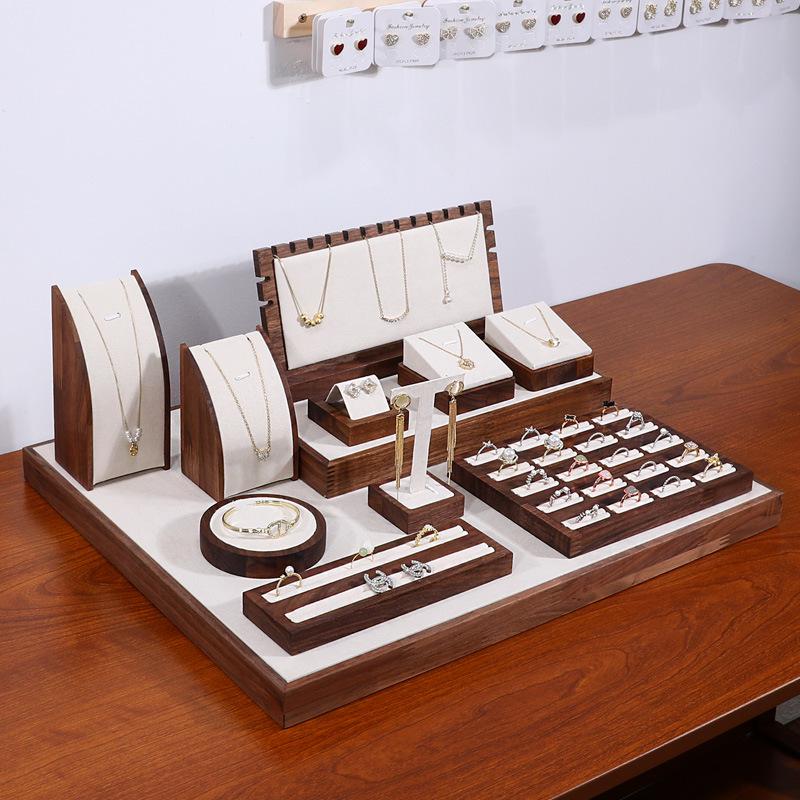 Walnut Wood Microfiber Jewelry Display Set for Necklace, Ring, Earrings, and Bracelet.