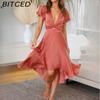 BITCED Summer Sexy Feminine Short-Sleeve V-Neck Asymmetric Skirt Dress