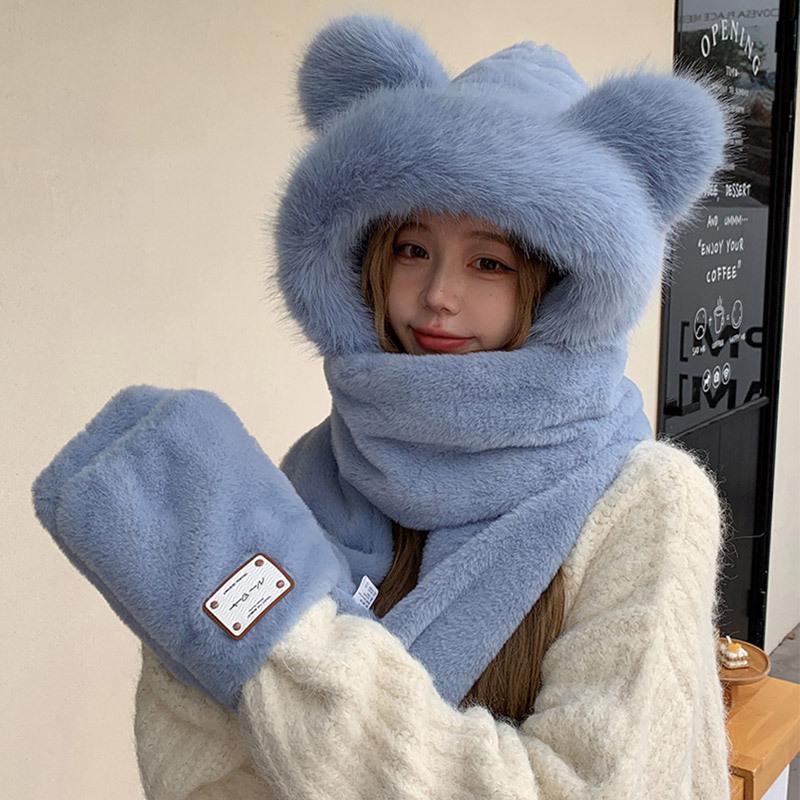 Korean Cute Plush Three-piece Set for Women's Autumn and Winter New Scarf Gloves Hat Integrated Plus Velvet Cold Proof and Warm Hat