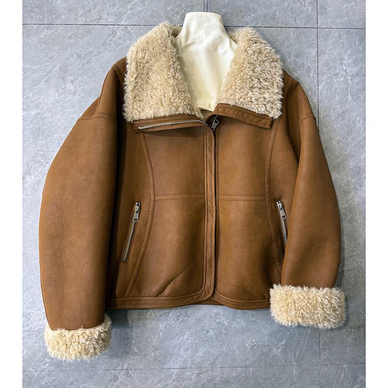 Women's 2024 Winter Korean Lapel Lambswool Fleece Short Leather Coat