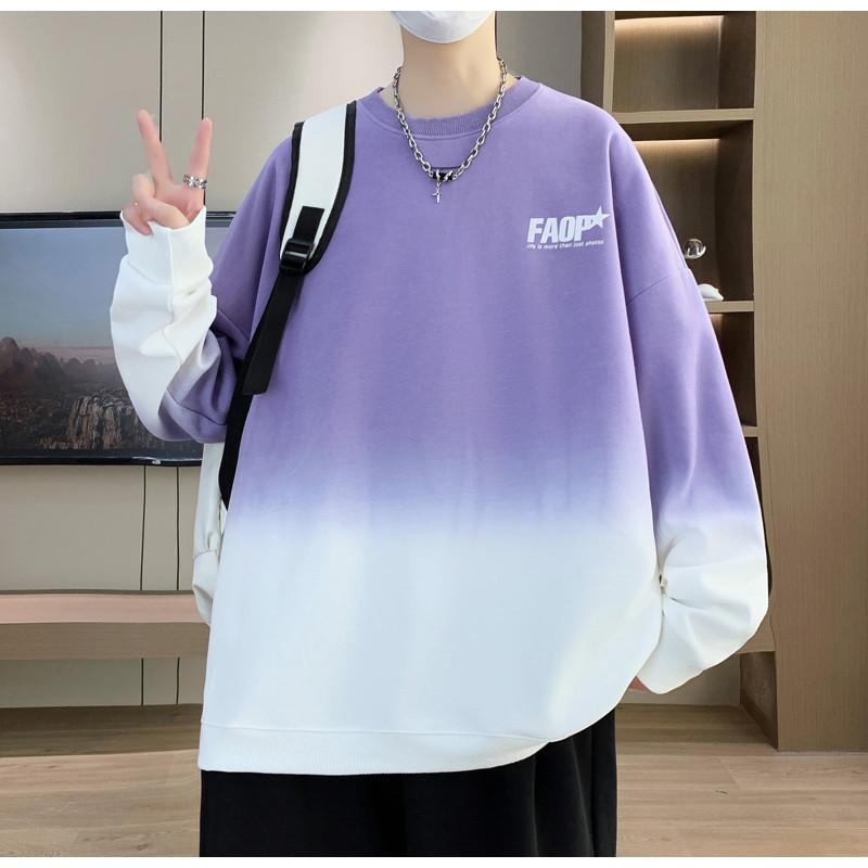 Men's Loose Gradient Color Round Neck Top for Men's Teenagers' Trendy Cool T-shirt Middle School Students' Fashionable Sports Jacket