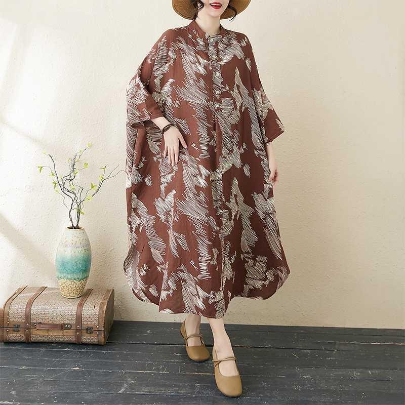 Temperament Literary Vintage Printed Stand Collar Loose Oversized Vacation Dresses