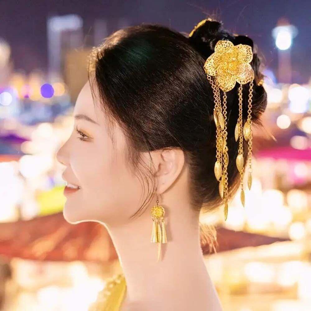 Flower Leaf Thai Ethnic Hair Fork Lightweight Tassel Headdress Girls Hair Accessories
