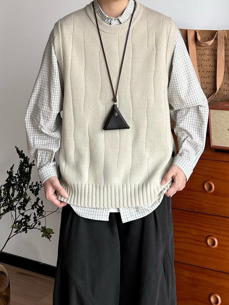 Japansk Retro Herr- & Damstickad Rundhalsad Väst för Lager på Lager Höst & Vinter