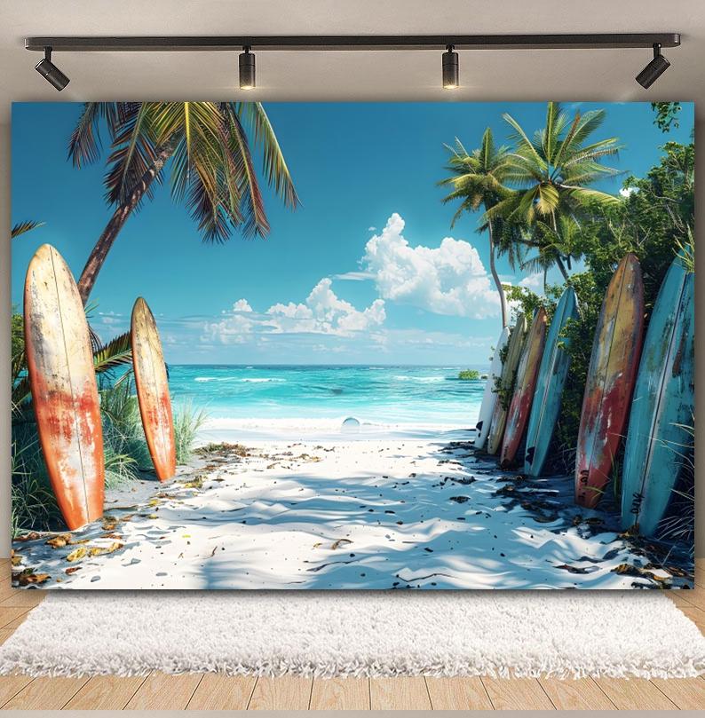 Hawaiian Summer Seaside Backdrop for Photography Tropical Beach Palm Tree Surfboard Baby Birthday Holiday Party Photo Background