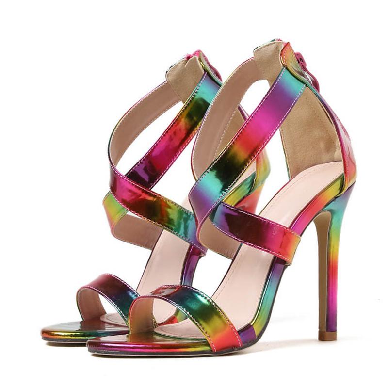 

Женские сандалии из лакированной кожи радужной расцветки на молнии с ремешком, модные туфли для вечеринок с открытым носком и тонким высоким каблуком, размеры 35-42 42