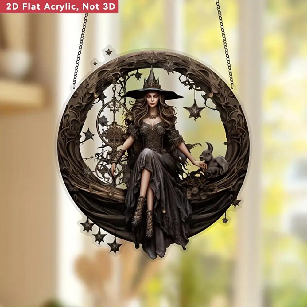 2D Flacher Halloween Traumfänger Anhänger - 2D Acryl Hexe mit Hängedekor mit Halbmond, Tropfenanhänger und Juwelenverzierung
