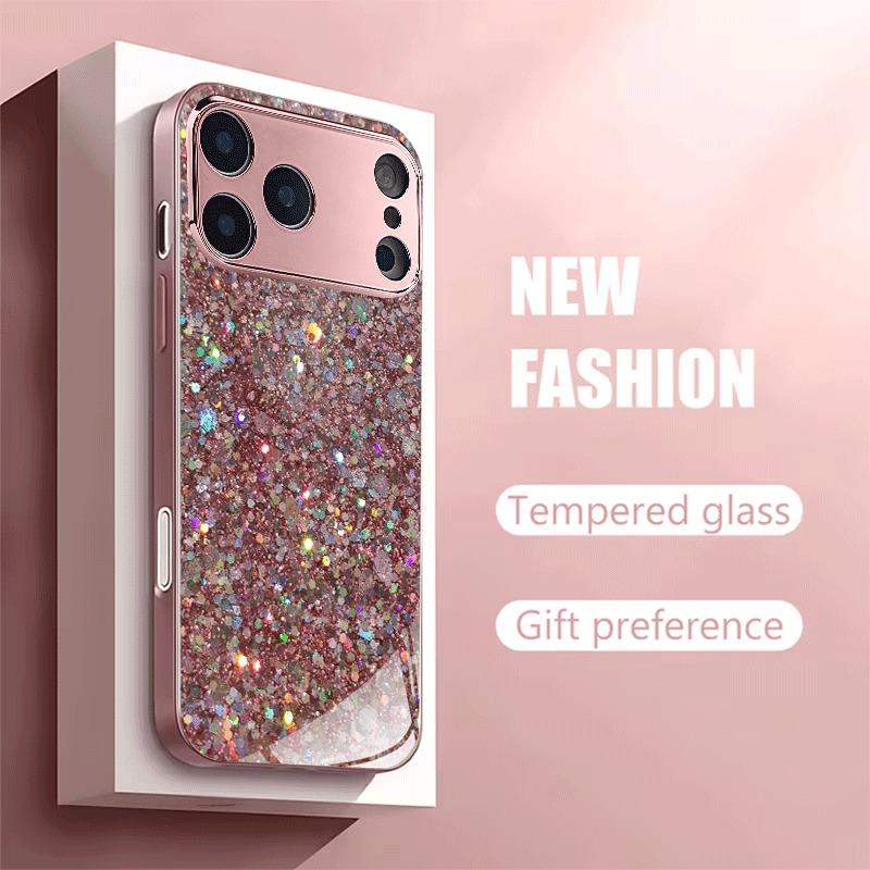 Pink Glitter Pattern Metallic Tempered Glass Phone Case For iPhone 17 16 15 14 13 12 11 Pro Max 15 14 Plus 17 Air 16E Cover