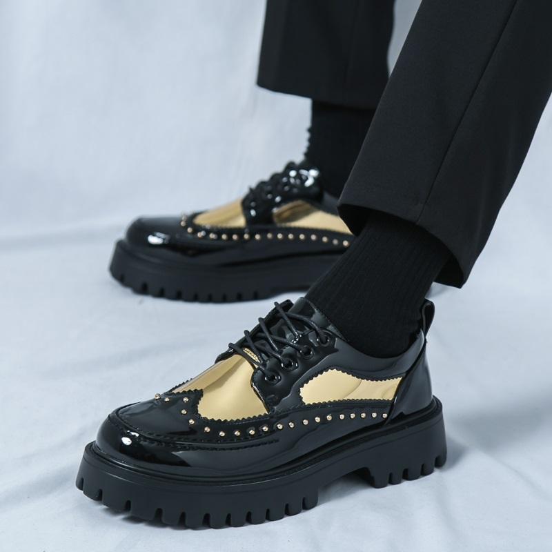 

Модные Новые Мужские Черно-Золотые Заклепки Толстая Подошва Свадебное Платье Туфли-Лифты Мужская Легкая Платформа Обувь Zapatos Hombre 38