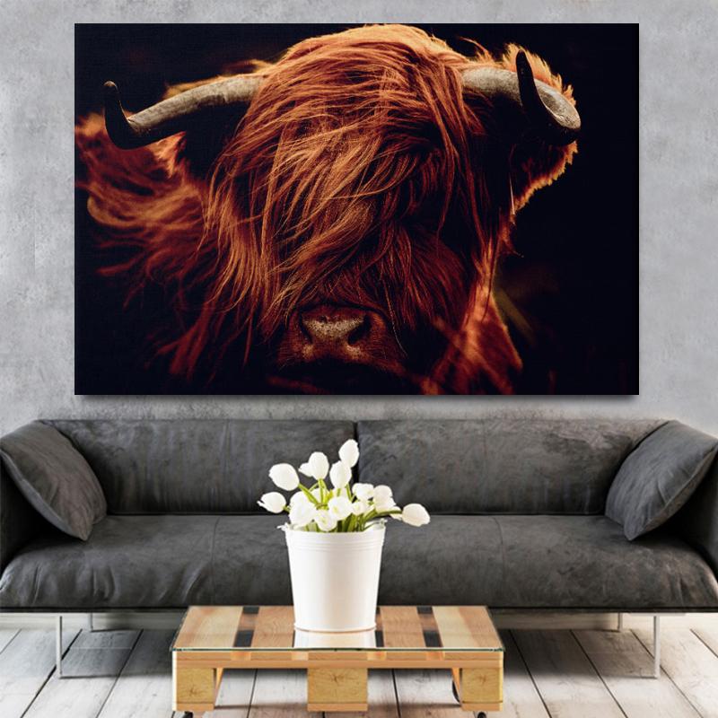 Amazing Portrait of Scottish Highland Cow Wall Pictures Canvas Painting Animal Posters Prints Living Room Home Decor