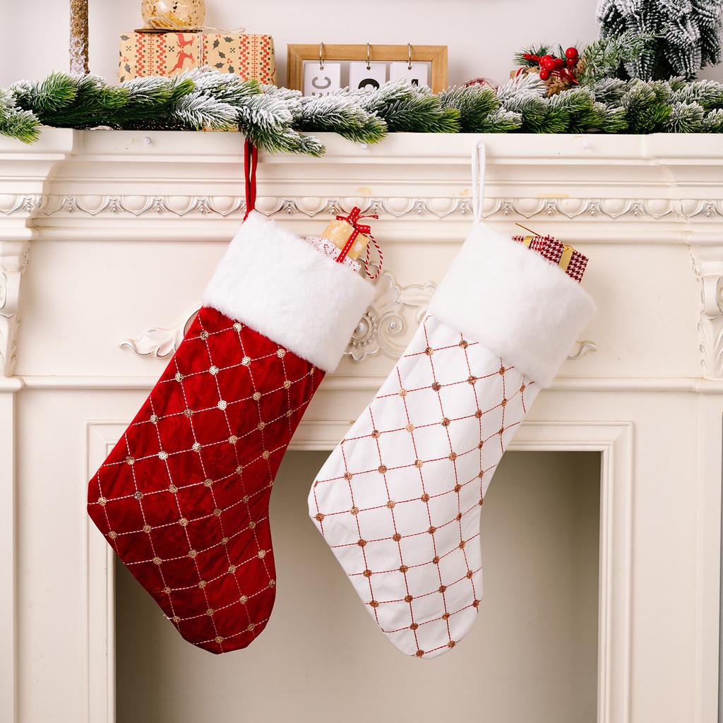 Decorative Christmas Socks With Velvet Borders And Glittering Details Ideal For Kids Gifts And Holiday Celebrations