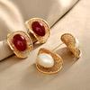 Vintage Palace Style Oval Pearl Stud Earrings - Hollow-out Mesh Texture Red Pearl Dainty Earrings for Women Elegant Jewelry