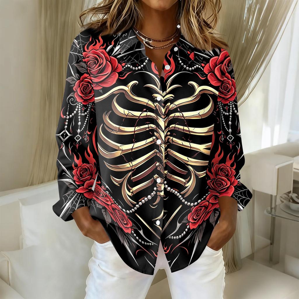Women's Halloween Print Long Sleeve Button Down Shirt with Collar, Fit Casual Top