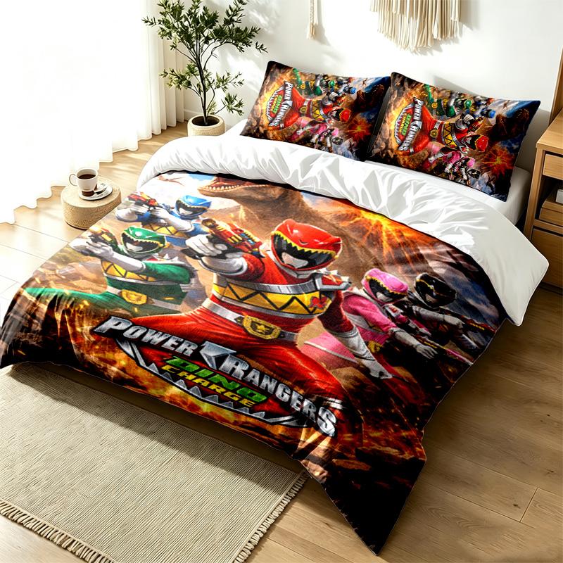 Power Rangers 3pc Duvet Cover Set Simple Modern Bedding Set Wrinkle Resistant Soft Fabric All Season Use a Perfect Gift