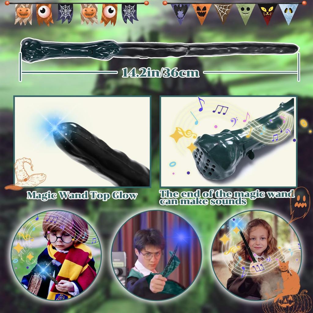 Formemory Halloween Costume Complete Includes and Magic Wand and Lights Unisex Cosplay Magic Wand Size Set, 4-Piece Set, Green, Robe, Necktie, Scarf,