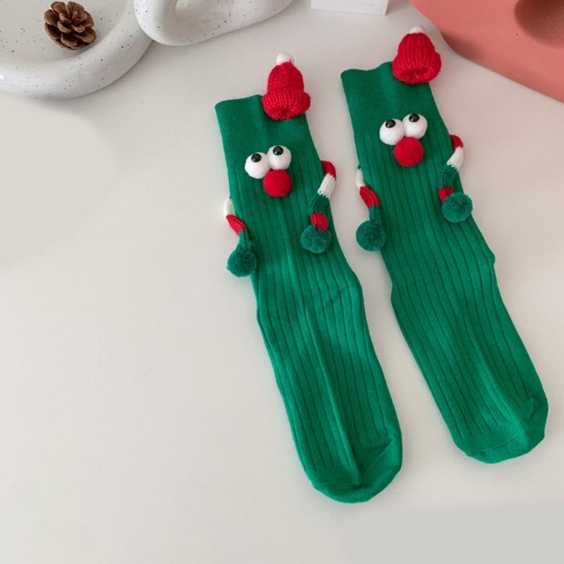 Unisex Couple 3D Santa Hat Dolls Christmas Middle Tube Socks with Magnetic Embellishments for Gifting and Celebrating