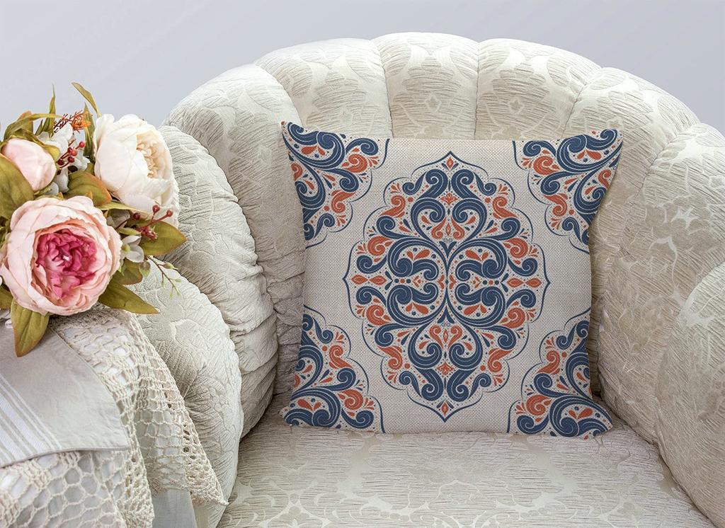 Marokkanische Damast Kissenhülle Marineblau Terrakotta Blumendruck Ethnisch Bohème Kissenhülle für Sofa Bett Couch Rustikale Wohnkultur