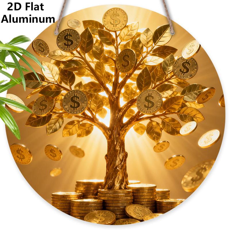 

2D Flat Aluminium Sign with Gold Coin Tree Pattern - Blessing Figurine Ornaments - Ideal for Front Door, Wall, Porch, Fence Decor - Ideal Gift for 7.87×7.87inch