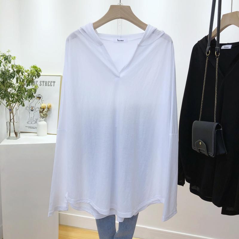 Large Size T-shirt Women's Long Sleeved Summer Ice Silk Thin Style Medium Long Style Hooded V-neck Mesh See Through Sunscreen Clothing