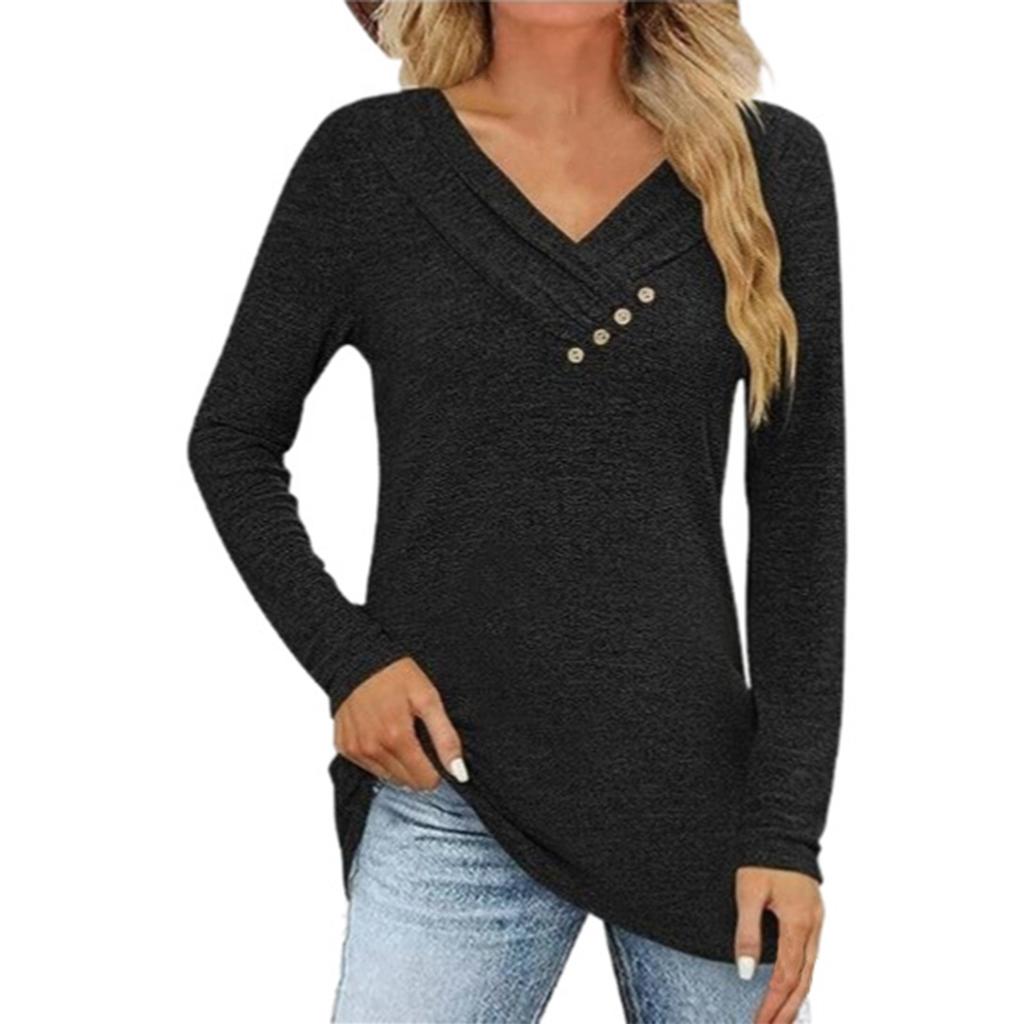 Women's Autumn And Winter Casual Solid Color Long Sleeve Drawstring Bottom V-Neck Button Down Shirt Sweatshirt Top