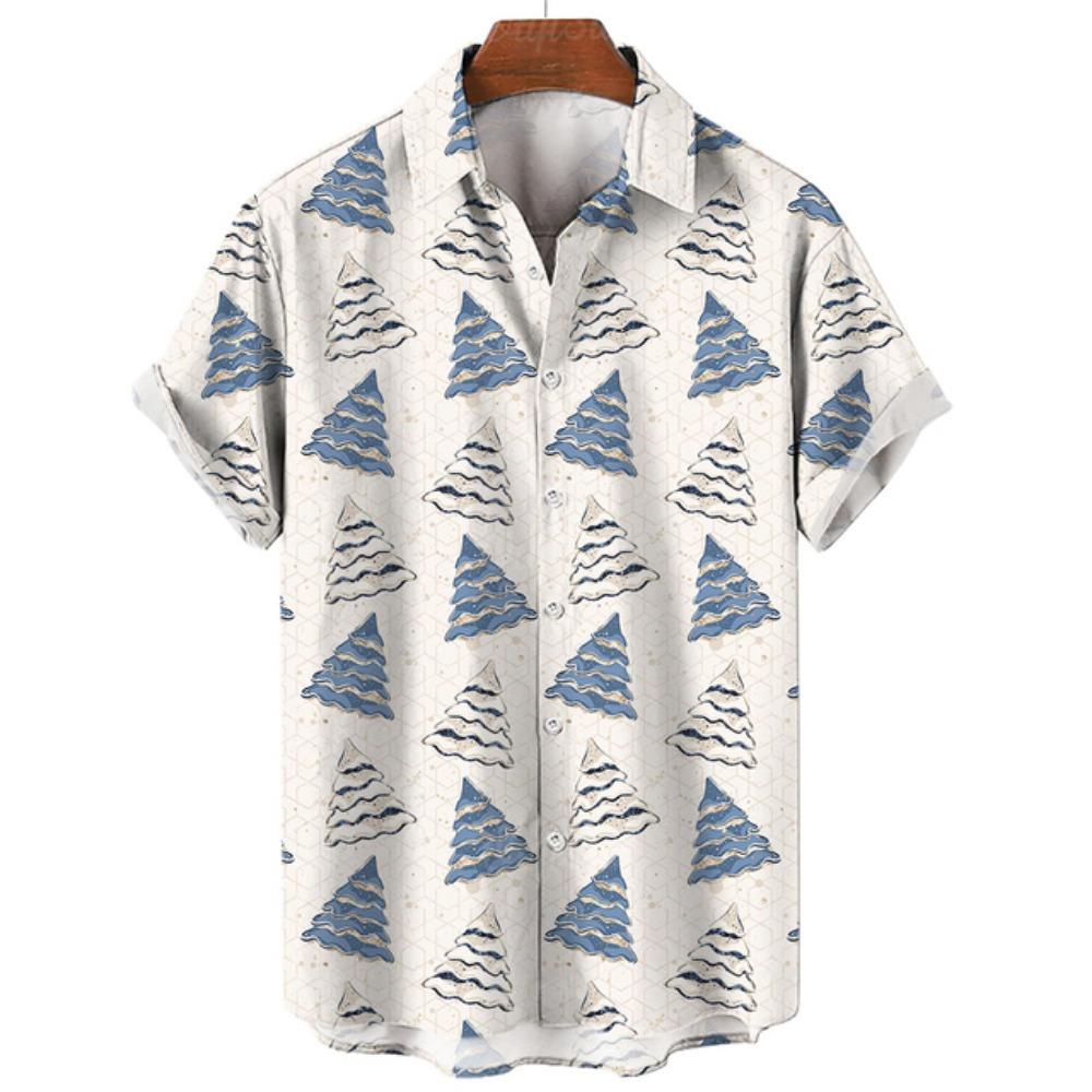 Retro Style Christmas Tree Reindeer Snowflake Printed Short Sleeved Shirt for Men and Women Christmas Holiday Loose Casual Shirt