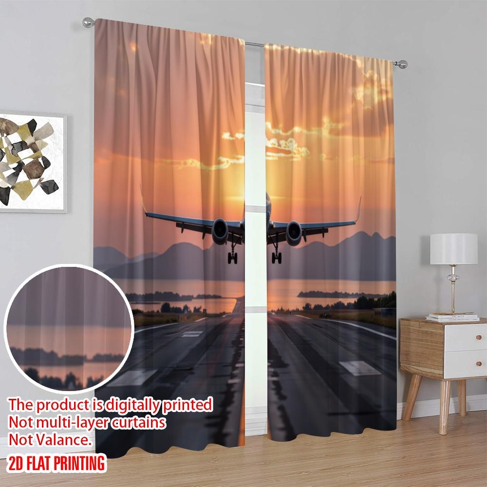 2 Stück, 2D-Ebene Druck Lichtfilternde Vorhänge Sonnenuntergang Landung Langlebig 100% Polyestergewebe (Ohne Stange) Innendekoration