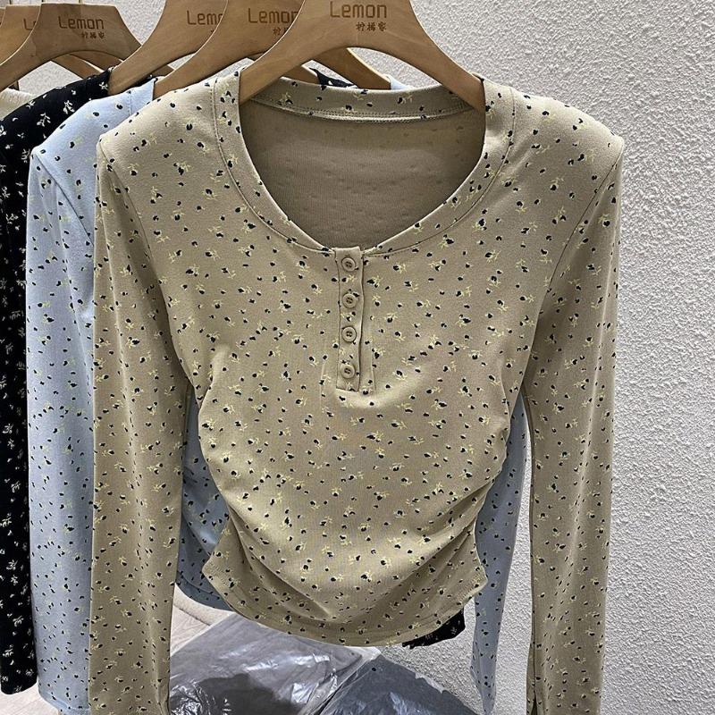 

Women s Ditsy Floral Print Long Sleeve Top Henley Neck Button Slim Soft T-Shirt Daily Wear S