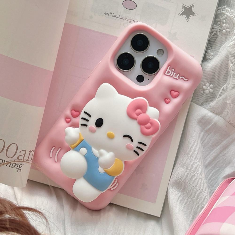 Pink Cute 3D KT Head Grip Tok Holder Phone Case For iPhone 17 Pro Max 16 Pro 15 Pro 14 Plus 13 12 17 Pro Shockproof Phone Cover