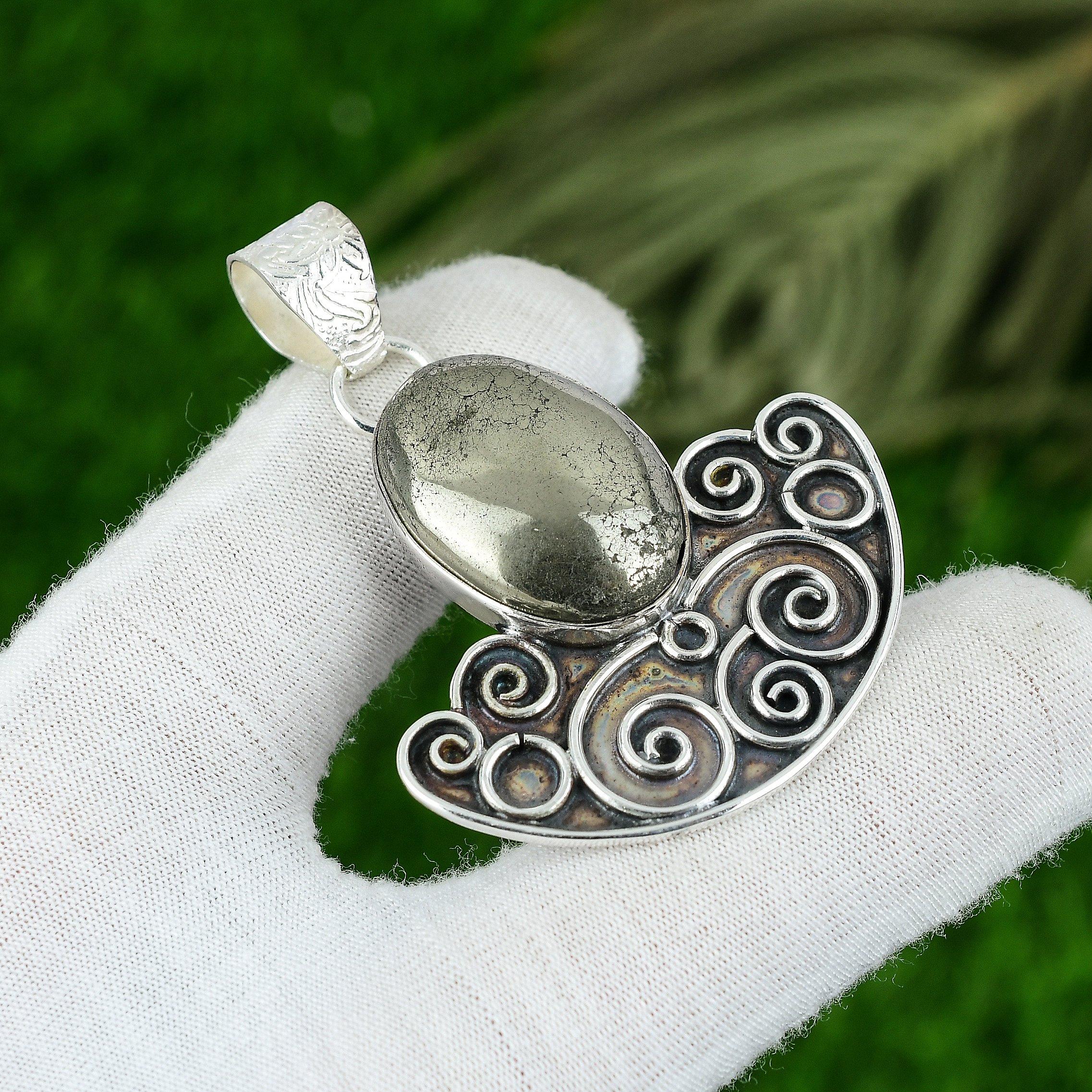 

925 Sterling Silver Natural Pyrite Bezel Solar Chakra Elegant Pendant Jewelry