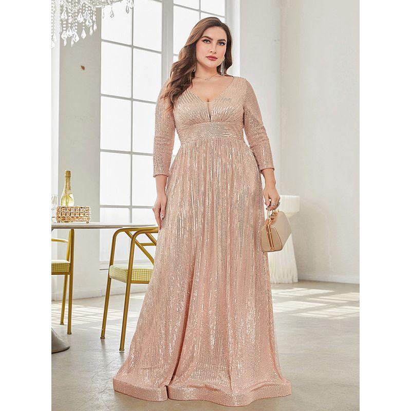Cross-Border Amazon New Evening Dress Plus Size Sequined Long-Sleeved V-Neck Elegant Long Dress for Parties and Banquets