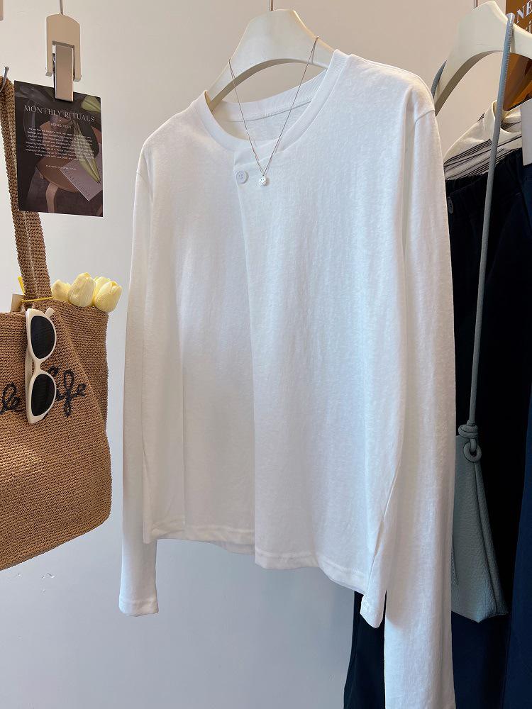 Cross-Season Pure Cotton Korean Double Gauze Long Sleeve T-Shirt for Women - Early Autumn Button Design
